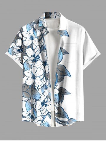 Plus Size Flowers Leaf Tropical Print Buttons Pocket Hawaii Shirt For Men - WHITE - 3XL