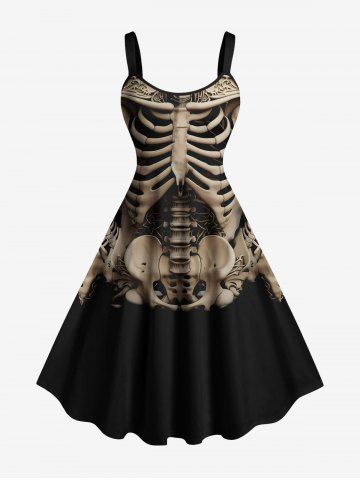 Plus Size Halloween Skulls Skeleton Print Tank Dress - BLACK - XXS