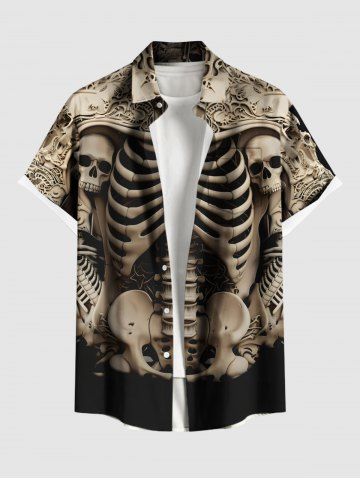 Plus Size Halloween Skulls Skeleton Print Buttons Pocket Shirt For Men - BLACK - 3XL