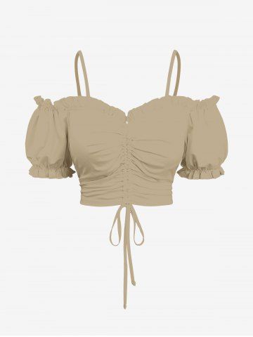 Plus Size Cinched Ruched Ruffles Cold Shoulder Cami Top - LIGHT COFFEE - 6X