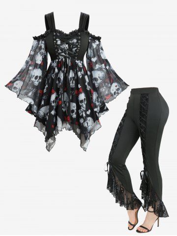 Skull Bowknot Heart Print Top and Fishnet Mesh Trim Lace Up Ruffles Flare Pants Plus Size Outfit - BLACK