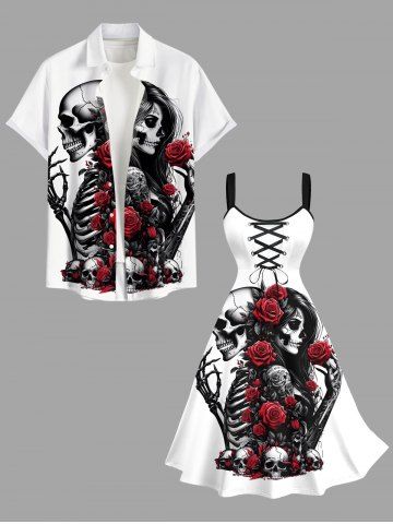 Halloween Skull Skeleton Lovers Rose Flower Print Plus Size Matching Outfit For Couples - WHITE