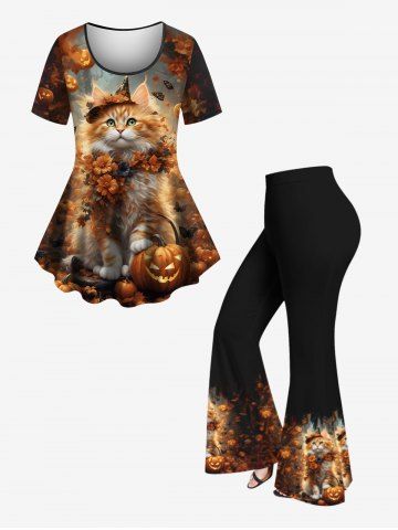 Pumpkin Lantern Cat Flower Print Halloween T-shirt and Flare Pants Plus Size Matching Set - BLACK
