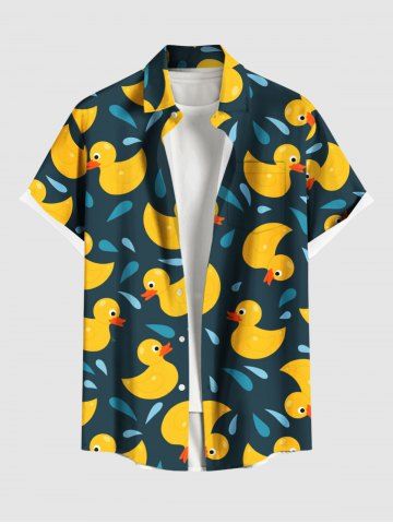 Plus Size Cute Duck Drop Print Hawaii Button Pocket Shirt For Men - BLACK - S