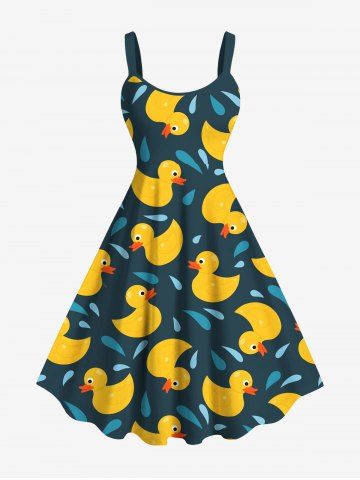 Plus Size Cute Duck Drop Print Hawaii A Line Tank Dress - DEEP BLUE - 2X
