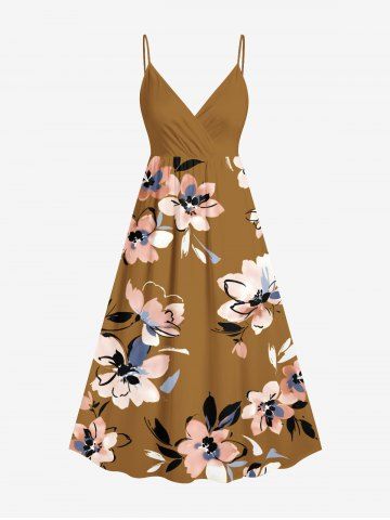 Plus Size Flower Leaf Print Hawaii Surplice A Line Cami Dress - DEEP BLUE - 6X