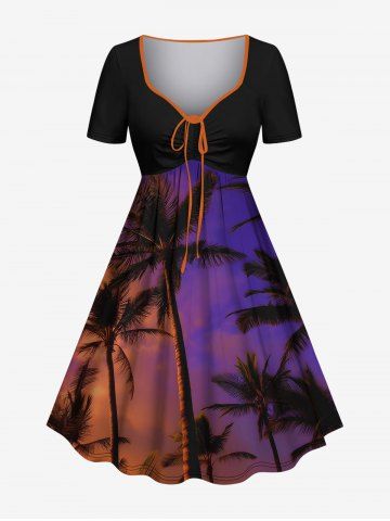 Plus Size Coconut Tree Ombre Sky Print Hawaii Cinched A Line Dress - BLACK - XS