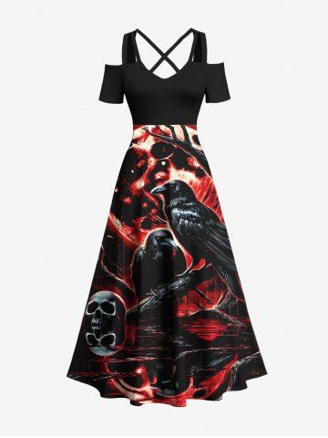 Plus Size Skull Crow Tree Branch Moon Print Halloween Cold Shoulder Crisscross A Line Maxi Dress - BLACK - XXS