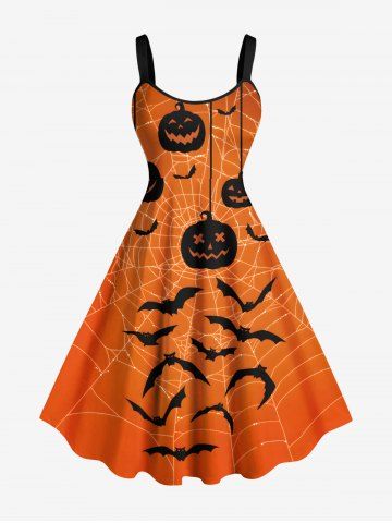 Plus Size Pumpkin Bat Spider Web Print Halloween A Line Tank Dress - ORANGE - XXS