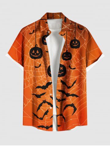 Plus Size Pumpkin Bat Spider Web Print Halloween Button Pocket Shirt For Men - ORANGE - L