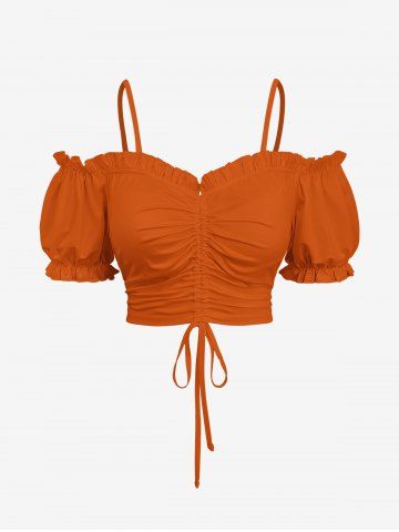 Plus Size Cold Shoulder Puff Sleeve Solid Cinched Top - ORANGE - M