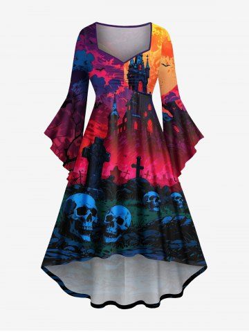 Plus Size Skull Tombstone Castle Moon Ombre Galaxy Print Halloween Ruched High Low Asymmetric Dress - RED - 3X