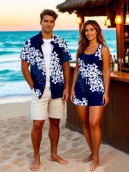 Ensemble chemise et barboteuse hawaïennes assorties, grande taille, imprimé pétales de fleurs ombré, pour couples - Bleu 