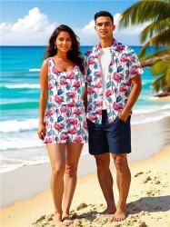 Matching Hawaii Shirt and Romper Plus Size Beach Outfit Tropical Flamingo Tropical Leaf Printed for Couples -  