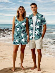 Ensemble chemise et barboteuse hawaïennes assorties, grande taille, tenue de plage à imprimé graffitis et fleurs pour couples - Vert 