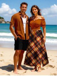 Tenue d'Halloween grande taille à imprimé écossais pour couples - Orange 