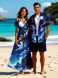 Coconut Tree Sea Cloud Moon Galaxy Print Plus Size Matching Hawaii Beach Outfit For Couples -  