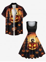 Halloween Pumpkin Lantern Bat Moon Castle Print Plus Size Matching Outfit For Couples -  