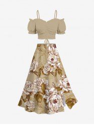 Flowers Leaf Print Hawaii Plus Size Matching Set -  
