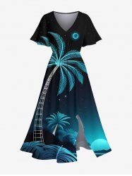 Plus Size Coconut Tree Moon Ombre Galaxy Print Split Hawaii Midi Dress -  