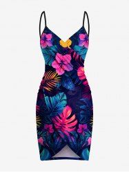 Housse de plage hawaïenne convertible grande taille à imprimé feuilles tropicales et fleurs d'hibiscus - Bleu profond 3X