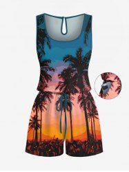 Plus Size Coconut Tree Ombre Sky Oil Painting Print Cinched Hawaii Romper -  