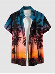 Plus Size Coconut Tree Ombre Sky Oil Painting Print Buttons Pocket Hawaii Shirt For Men -  