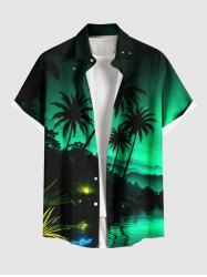 Plus Size Coconut Tree Mountain Ombre River Glitter 3D Print Buttons Pocket Hawaii Shirt For Men -  