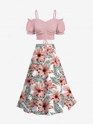 Solid Cinched Top and Tropical Leaf Hibiscus Flower Print Hawaii Split A Line Skirt Plus Size Matching Set - Rose clair 