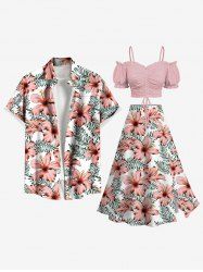 Tropical Leaf Hibiscus Flower Print Plus Size Matching Hawaii Beach Outfit For Couples -  