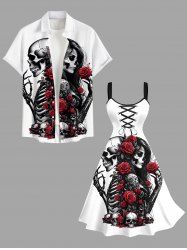 Halloween Skull Skeleton Lovers Rose Flower Print Plus Size Matching Outfit For Couples -  