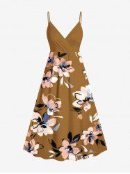 Plus Size Flower Leaf Print Hawaii Surplice A Line Cami Dress -  