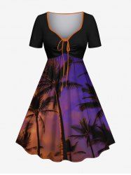 Robe trapèze cintrée grande taille à imprimé cocotiers et ciel ombré hawaïen - Noir 5X