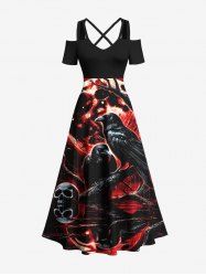 Plus Size Skull Crow Tree Branch Moon Print Halloween Cold Shoulder Crisscross A Line Maxi Dress -  