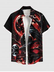 Plus Size Skull Crow Tree Branch Moon Print Halloween Button Pocket Shirt For Men -  