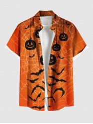 Plus Size Pumpkin Bat Spider Web Print Halloween Button Pocket Shirt For Men -  