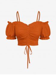Haut cintré uni à épaules dénudées et manches bouffantes grande taille - Orange S