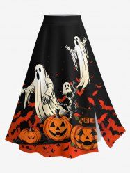 Jupe trapèze fendue grande taille à imprimé citrouille, fantôme, chauve-souris et arbre pour Halloween - Noir 5X
