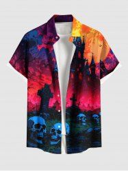 Plus Size Skull Tombstone Castle Moon Ombre Galaxy Print Halloween Button Pocket Shirt For Men -  