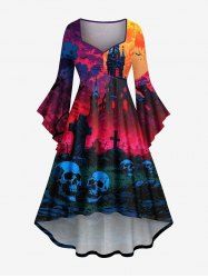 Plus Size Skull Tombstone Castle Moon Ombre Galaxy Print Halloween Ruched High Low Asymmetric Dress -  