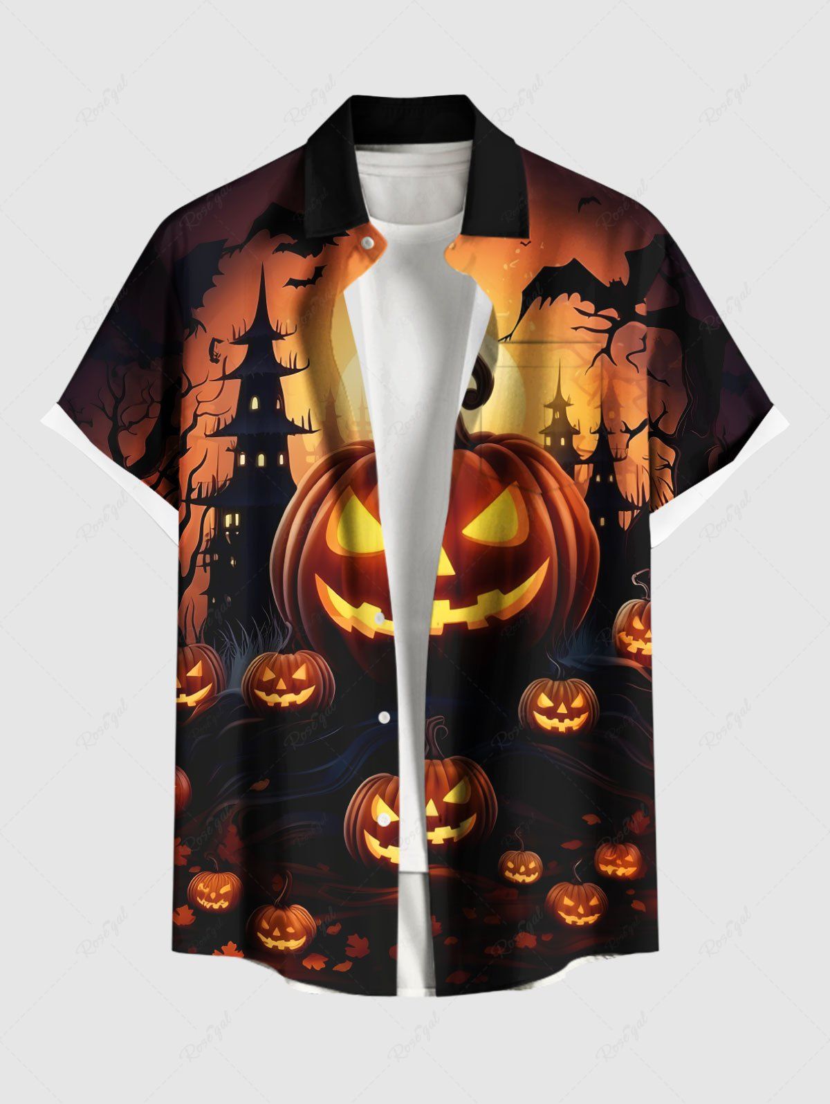 Chemise grande taille à boutons et poches pour homme, motif citrouille, lanterne, chauve-souris, lune, château, Halloween Orange 3XL
