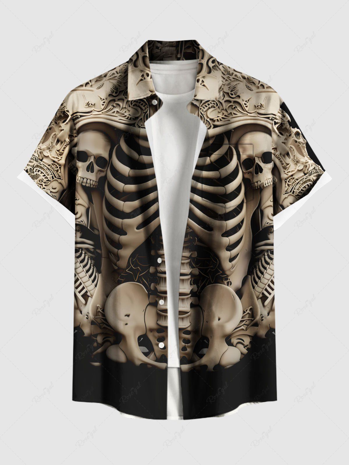 Chemise grande taille à boutons et poches pour homme, motif squelette et crânes d'Halloween Noir 4XL