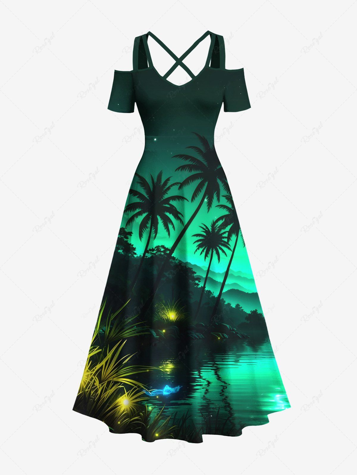 Shop Plus Size Coconut Tree Mountain Ombre River Glitter 3D Print Cold Shoulder Crisscross Hawaii Maxi Dress  