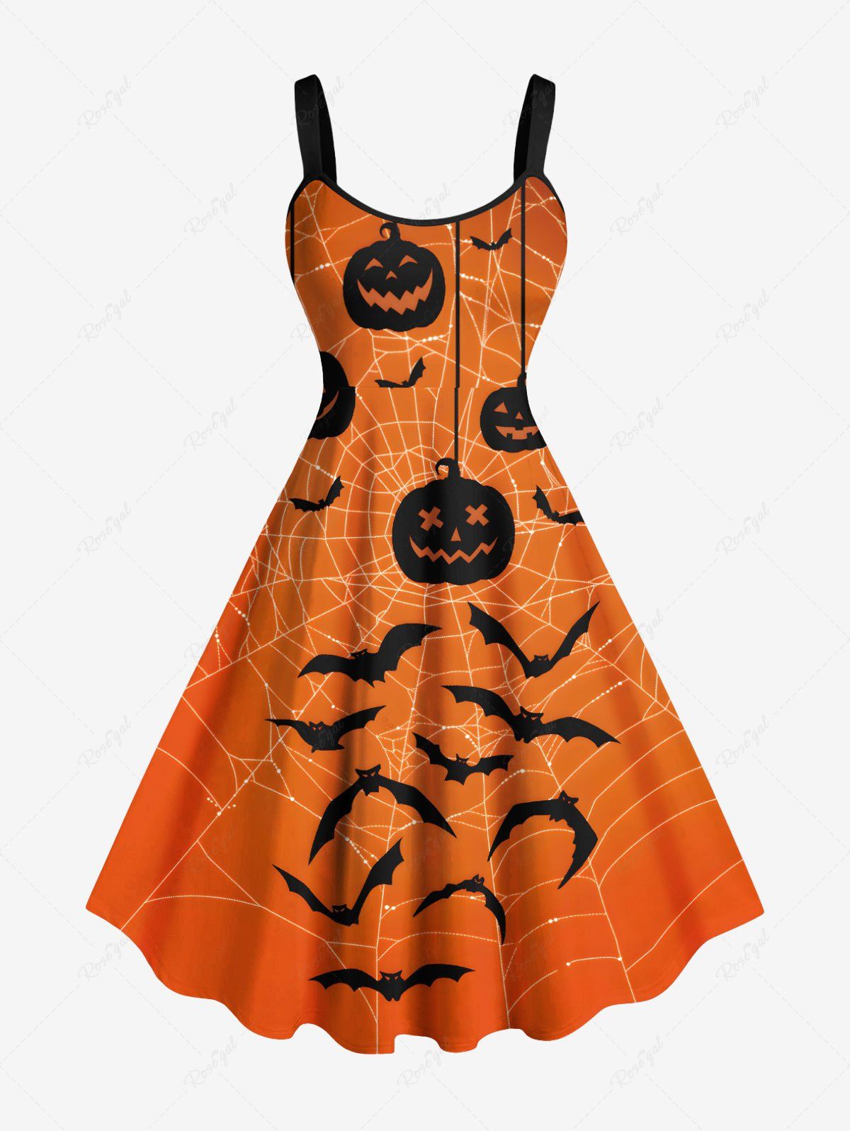 Fashion Plus Size Pumpkin Bat Spider Web Print Halloween A Line Tank Dress  