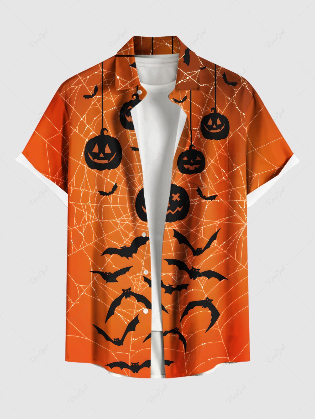 Chemise grande taille à imprimé citrouille, chauve-souris, toile d'araignée, boutonnée et poche pour homme Orange XL