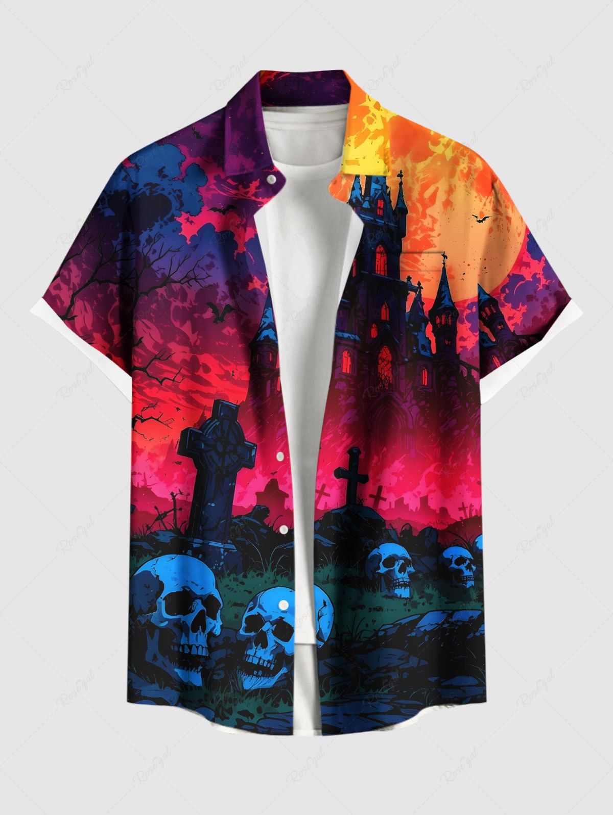 Outfits Plus Size Skull Tombstone Castle Moon Ombre Galaxy Print Halloween Button Pocket Shirt For Men  