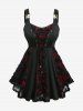 Gothic Lace-up Rose Lace Jacquard Tank Top and Cross Floral Flocking Flare Pants Plus Size Outfit -  