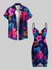 Tenue de plage hawaïenne assortie grande taille à imprimé feuilles tropicales et fleurs d'hibiscus pour couples - Bleu profond 
