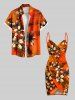 Tenue de plage hawaïenne assortie grande taille à imprimé feuilles et fleurs d'hibiscus pour couples - Orange 