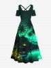 Plus Size Coconut Tree Mountain Ombre River Glitter 3D Print Cold Shoulder Crisscross Hawaii Maxi Dress -  